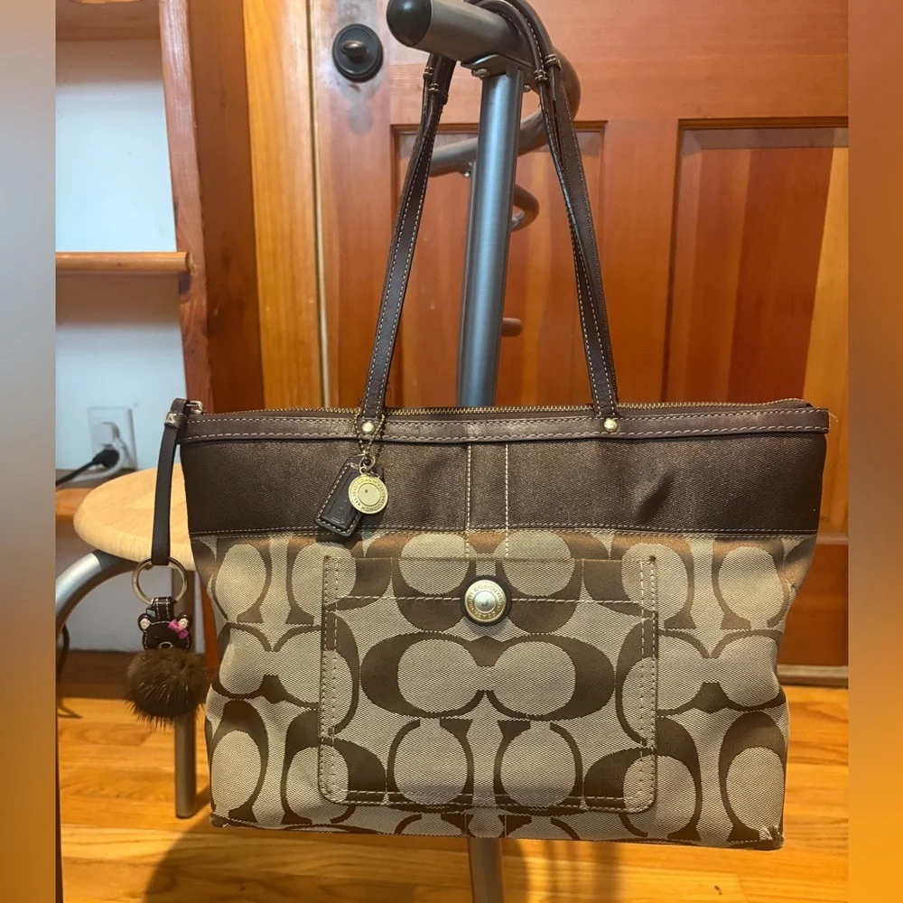 Coach Signature Stripe Tote with Coach Mink Bear Fob, Medallion and Hangtag. - Picture 3 of 17